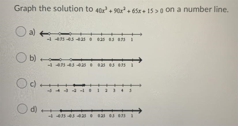 Graph the solution to 40x? +90x+ + 65x + 15 >0 on a number line.-example-1