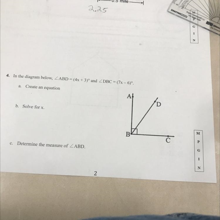 4. In the diagram below, ZABD = (4x + 3)º and DBC = (7x-6)º. a Create an equation-example-1