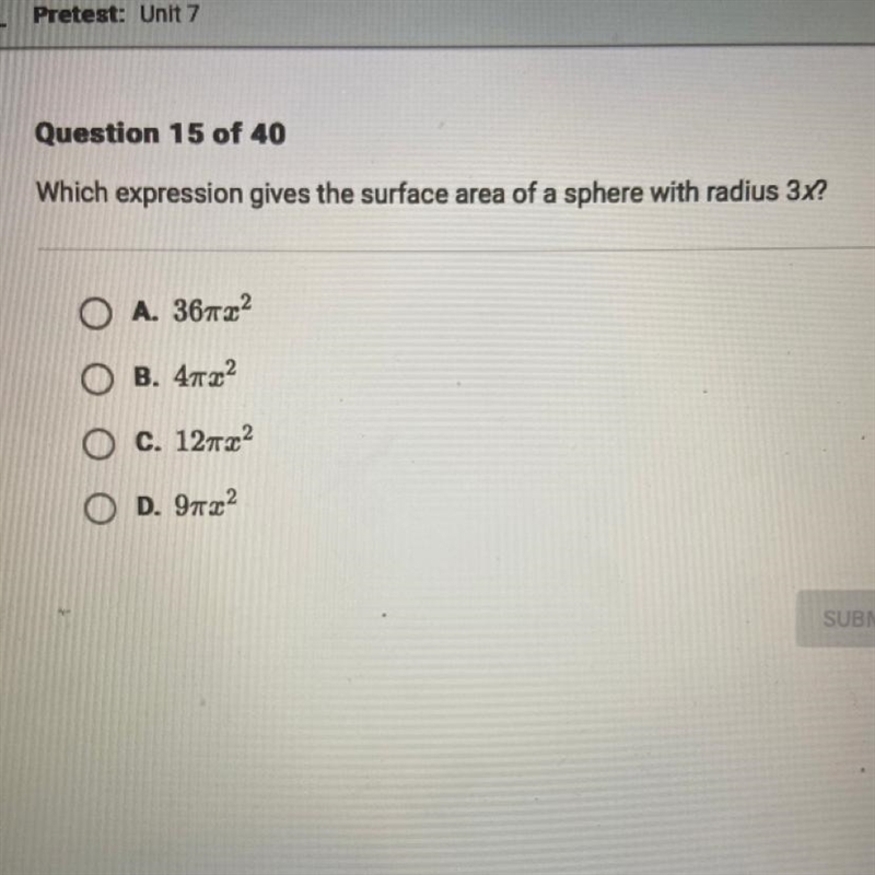 Which expression gives the surface area of a sphere with radius 3x?-example-1