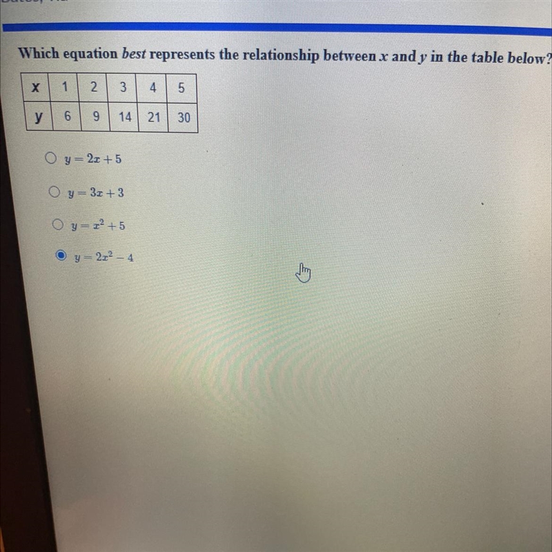 Which equation best represents the relationship between x and y in the table below-example-1