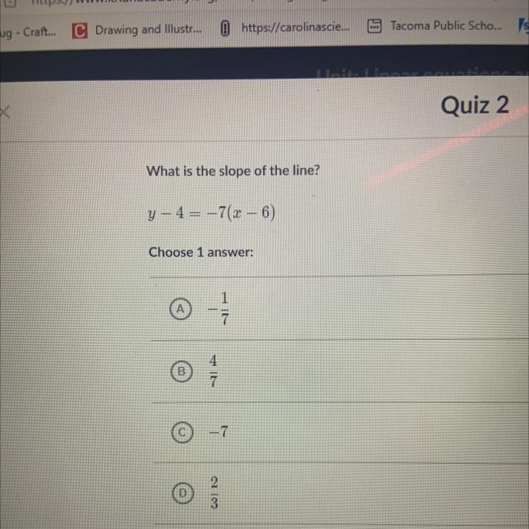 Mastery What is the slope of the line? Skill Sum Y-4= -7(2-6) Graphing Choose 1 answer-example-1