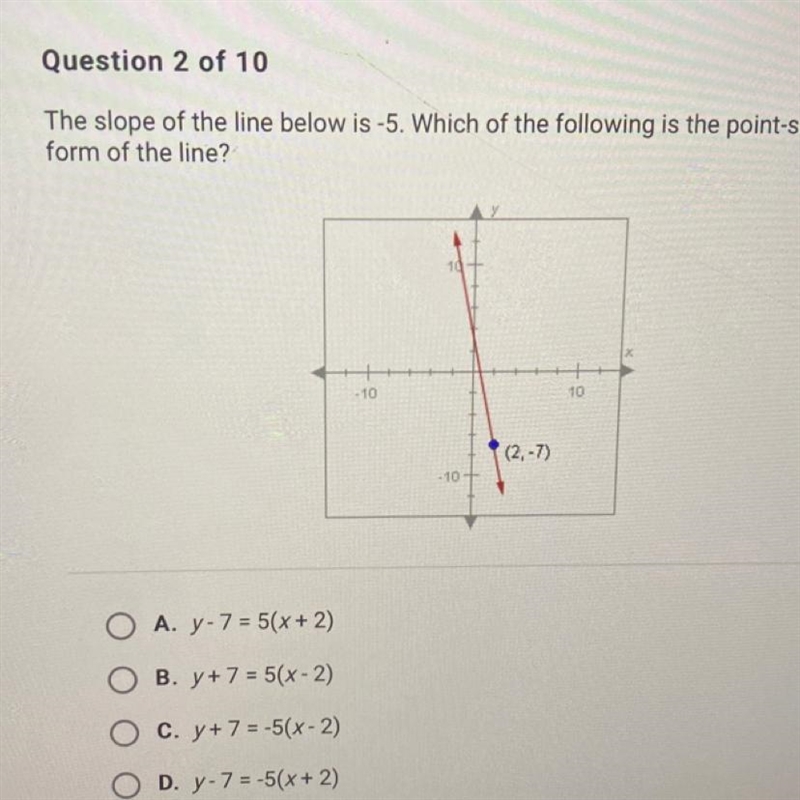 What is the slope of the line below is -5. Which of the following is the point-slope-example-1