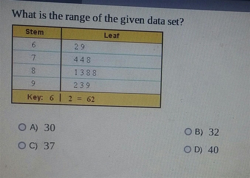 What is the range of the given data set? OA) 30 OB) 32 OC) 37 OD) 40​-example-1