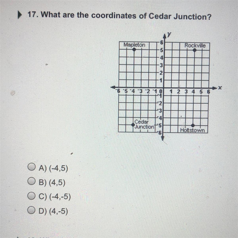 17. What are the coordinates of Cedar Junction? OA) (-4,5) OB) (4,5) OC) (-4,-5) OD-example-1