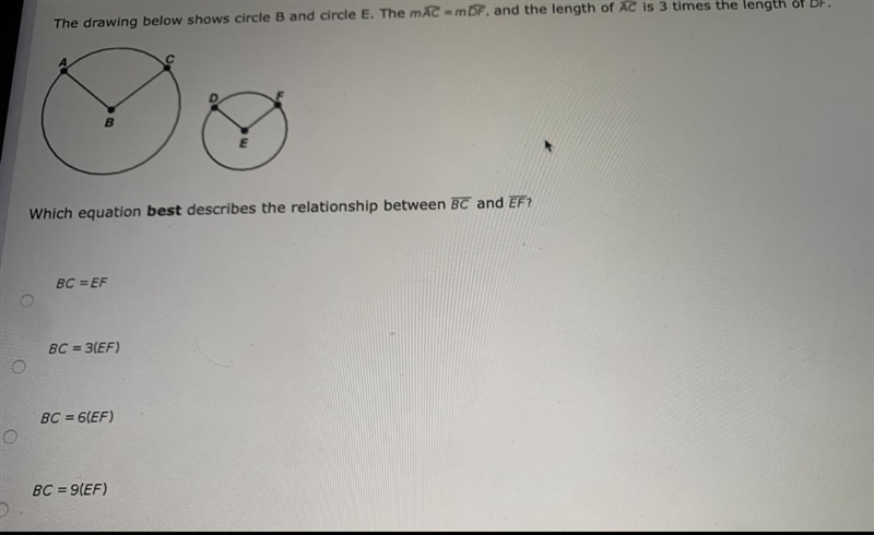 The drawing below shows circle B and circle E.Which equation best describes the relationship-example-1