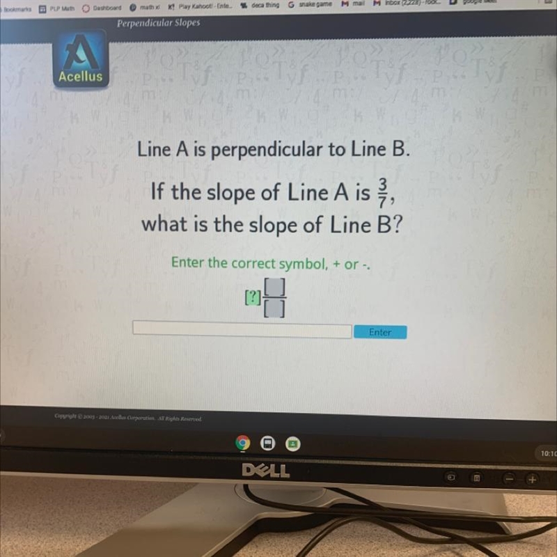 Line A is perpendicular to Line B. If the slope of Line Ais , what is the slope of-example-1