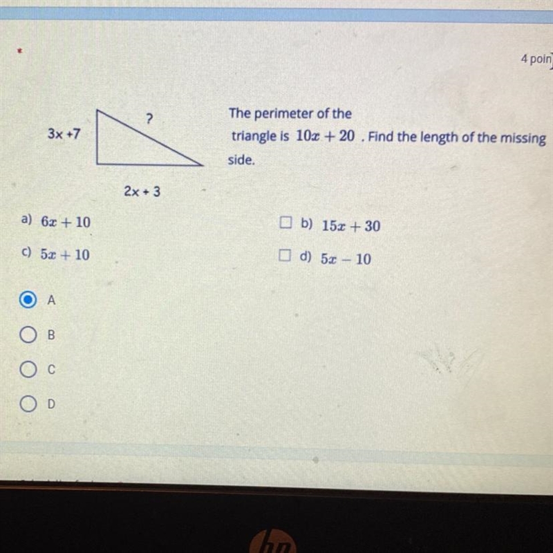 ? 3x +7 The perimeter of the triangle is 10+ 20 . Find the length of the missing side-example-1