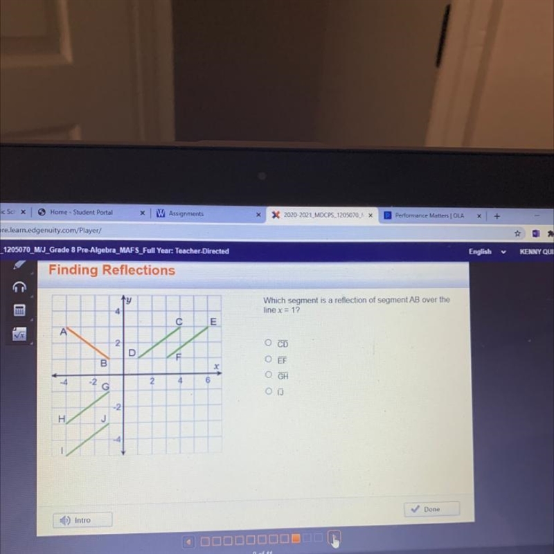 Which segment is a reflection of segment AB over the line x = 1? O CD O GH O TJ-example-1