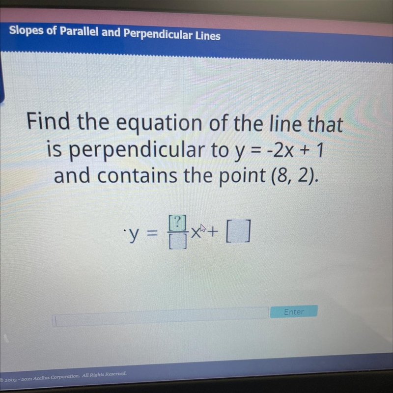 Find the equation of the line that is perpendicular to y = -2x + 1 and contains the-example-1