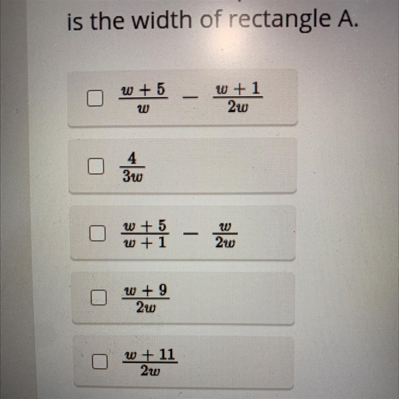 Select all the expressions that represent the difference of the length to width ratios-example-1