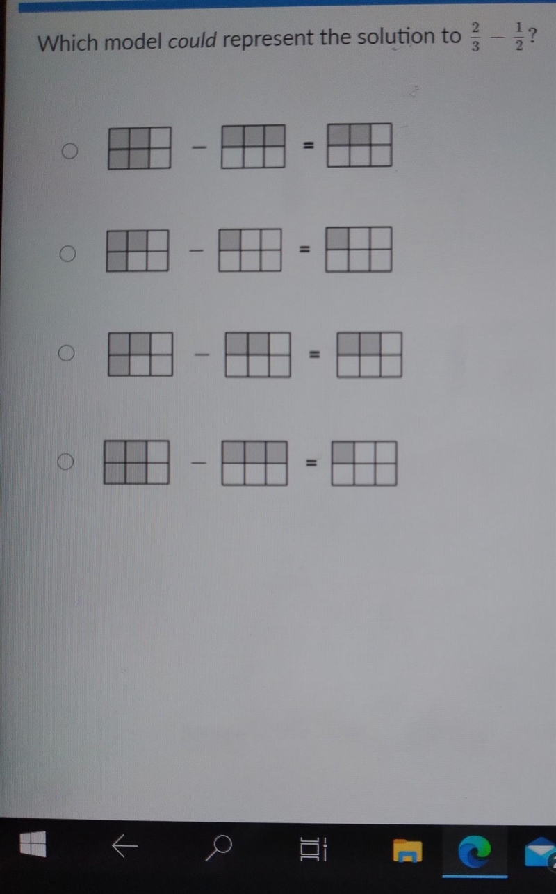 Which model could represent the solution to 2/3 - 1/2? pleaseeee help i will give-example-1