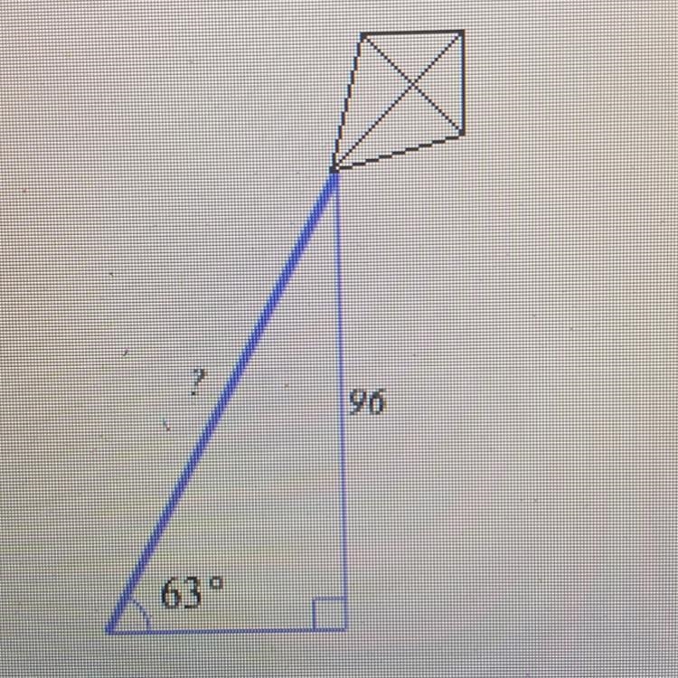 A kite is flying 96 ft off the ground, and its string is pulled taut. The angle of-example-1