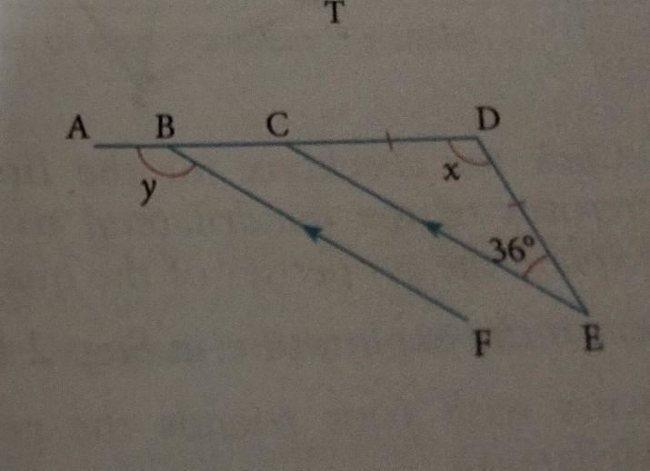 4. In the diagram, ABCD is a straight line. Calculate the values of x and y. ​-example-1