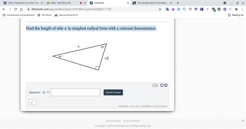 Find the length of side xx in simplest radical form with a rational denominator.-example-1