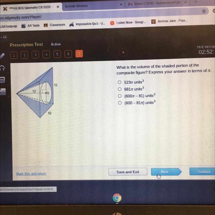 Important please help me What is the volume of the shaded portion of the composite-example-1