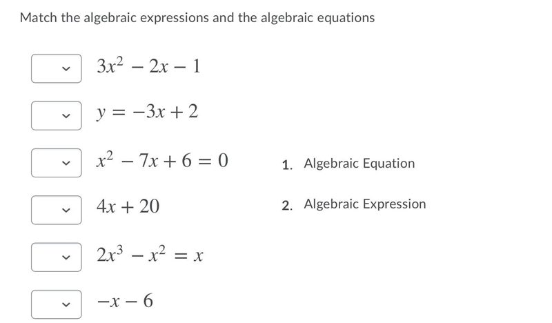 Match the algebraic expressions and the algebraic equations-example-1