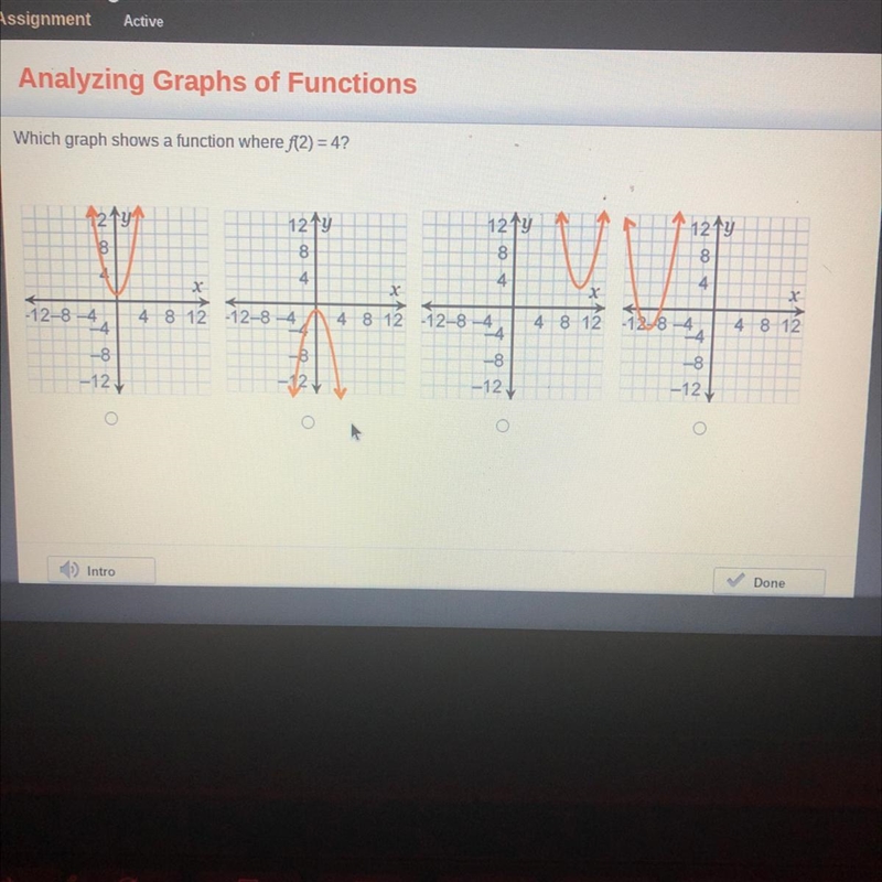 Analyzing Graphs of Functions Which graph shows a function where f(2) = 4?-example-1