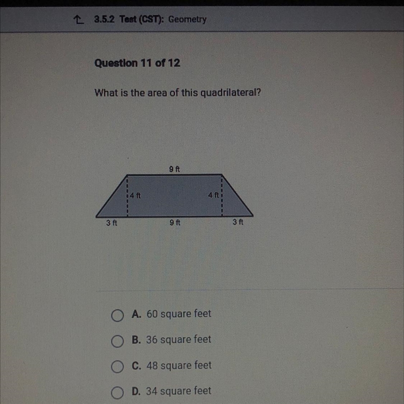 What is the area of this quadrilateral? 9 ft 14 ft 4 ft i 3 ft 9 ft 3 ft A. 60 square-example-1