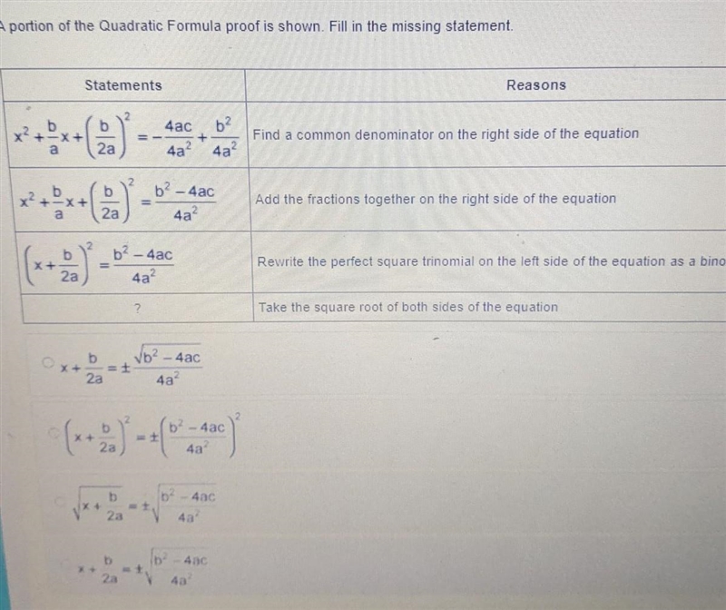 A portion of the Quadratic Formula proof is shown. Fill in the missing statement. Statements-example-1