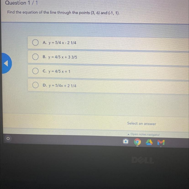 Question 1 / 1 Find the equation of the line through the points (3,6) and (-1, 1).-example-1