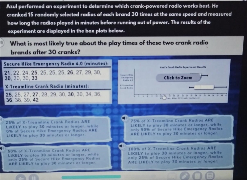 Arul performed an experiment to determine which crank powered radio works best. He-example-1