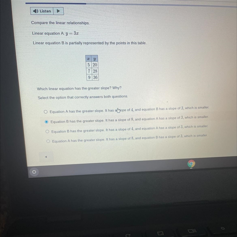 Linear question A:y=3x Linear equation B is partially represented by the points in-example-1