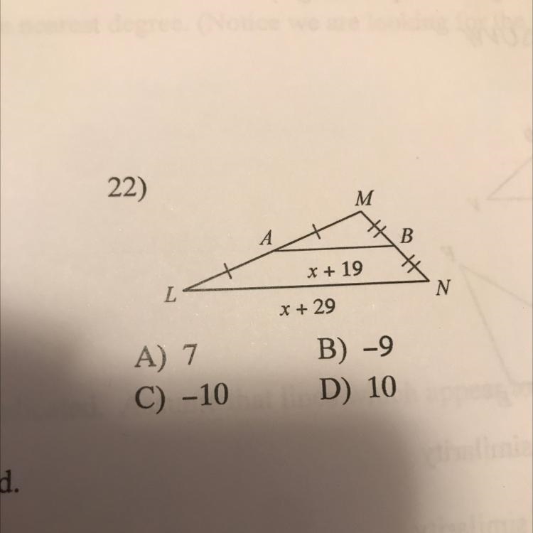 22) solve for x A) 7 B) -9 C) -10 D) 10-example-1