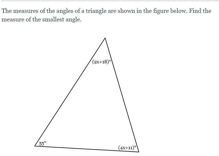 The measures of the angles of a triangle are shown in the figure below. Find the measure-example-1