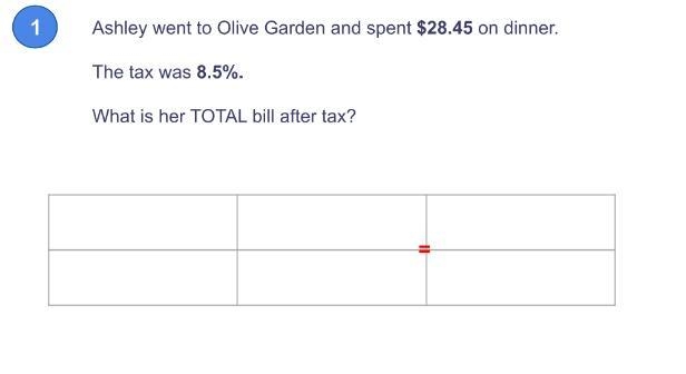 ashly went to olive garden and spent 28.45 on dinner. The tax was 8.5. What is her-example-1