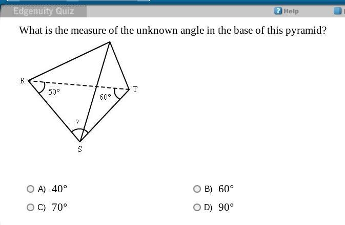 What is the measure of the unknown angle in the base of this pyramid?-example-1