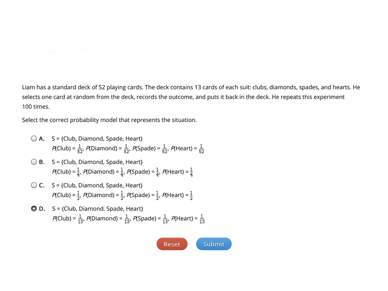 Liam has a standard deck of 52 playing cards. The deck contains 13 cards of each suit-example-1
