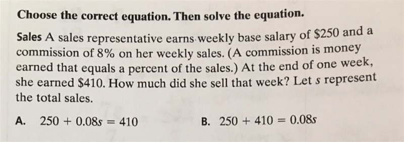 Choose the correct equation. Then solve the equation. A sales representative earns-example-1