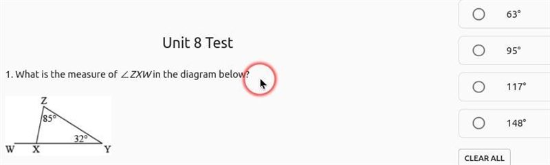 A. 63° B. 95° C. 117° D. 148°-example-1