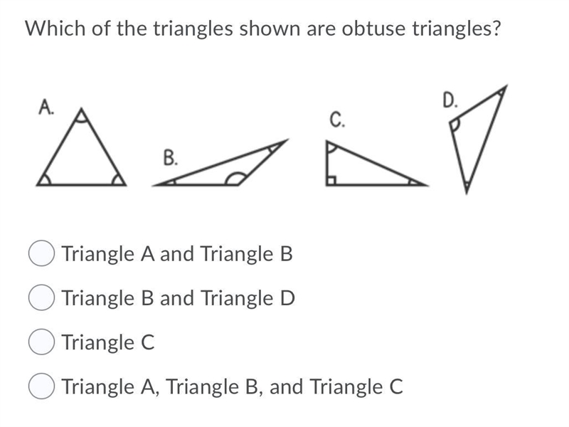 ANSWER IF YOU KNOW PLEASE! <3 Which of the triangles shown are obtuse triangles-example-1