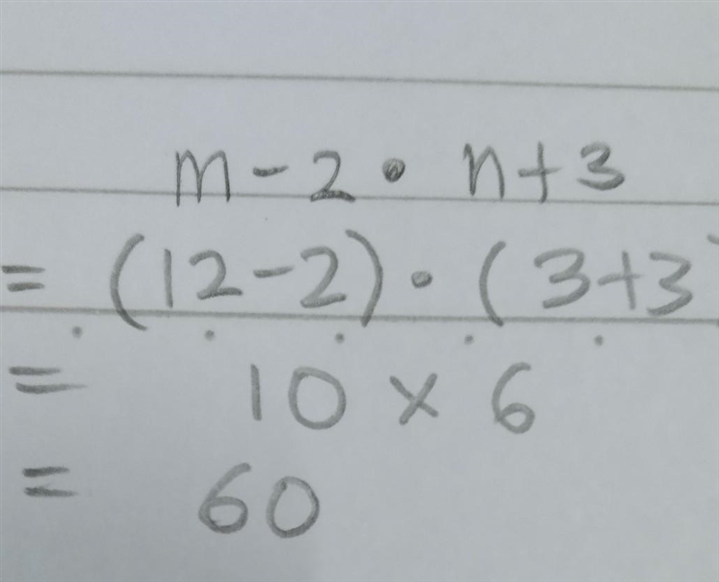 If m = 12 and n = 3, what is the value of the following expression? m - 2 • n + 3-example-1