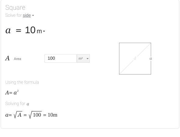 Try It! What is the side length, s, of the square below? A = 100 m2 W H Each side-example-1