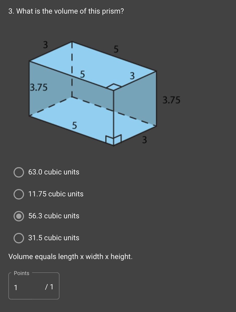 What is the volume of this prism? A) 63.0 cubic units B) 56.3 cubic units C) 31.5 cubic-example-1