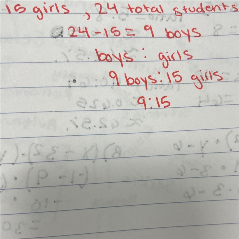 There are 15 girls in this class of 24 students. Write the ratio of boys to girls-example-1