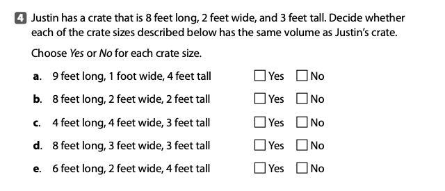 Justin has a crate that is 8 feet long, 2 feet wide, and 3 feel tall. Decide wether-example-1