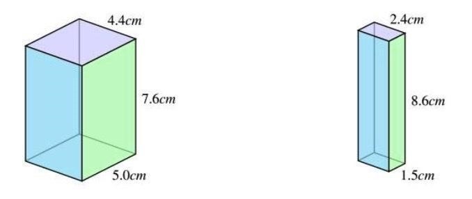 Use the formula V=lwh, to find the volume of each prism.-example-1