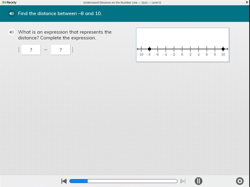 Find the distance between -8 and 10. What is an expression that represents the distance-example-1