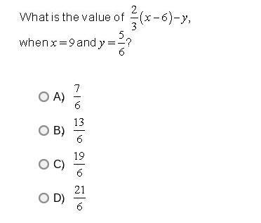 What is the value of 2/3(x -6) -y , when x= 9 and y=5/6?-example-1