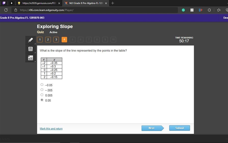 What is the slope of the line represented by the points in the table? Negative 0.05 Negative-example-1