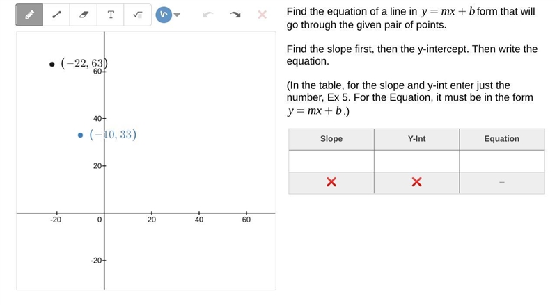 Help! Find the equation of a line in `y=mx+b`form that will go through the given pair-example-1