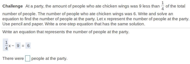 Write an equation that represents the number of people at the party.-example-1