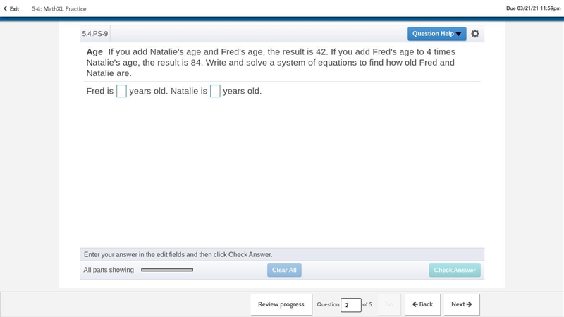 If you add​ Natalie's age and​ Fred's age, the result is 42 . If you add​ Fred's age-example-1