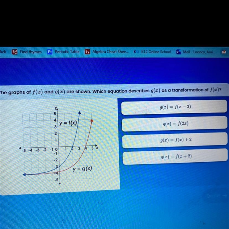 The graphs of f(x) and g(2) are shown. Which equation describes g(x) as a transformation-example-1