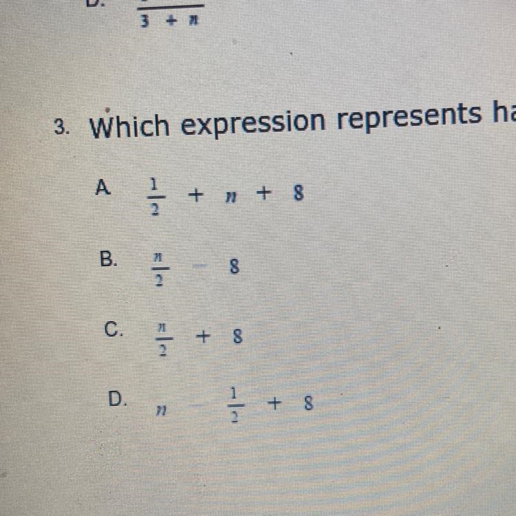 Half of the number, n, plus eight?-example-1