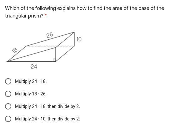 Which of the following explains how to find the area of the base of the triangular-example-1