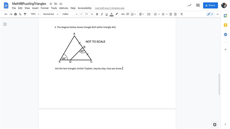 Are the two triangles similar? Explain, step by step, how you know.-example-1